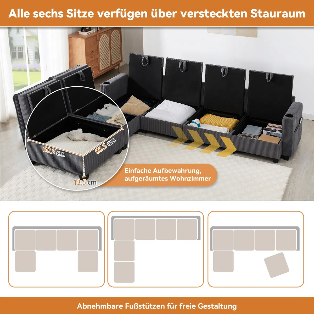 Idemon Sofá moderno en forma de L con funda de pana, reposapiés extraíble, puertos USB, compartimentos de almacenamiento y soportes para bebidas, sofá modular para salón, apartamento y espacios