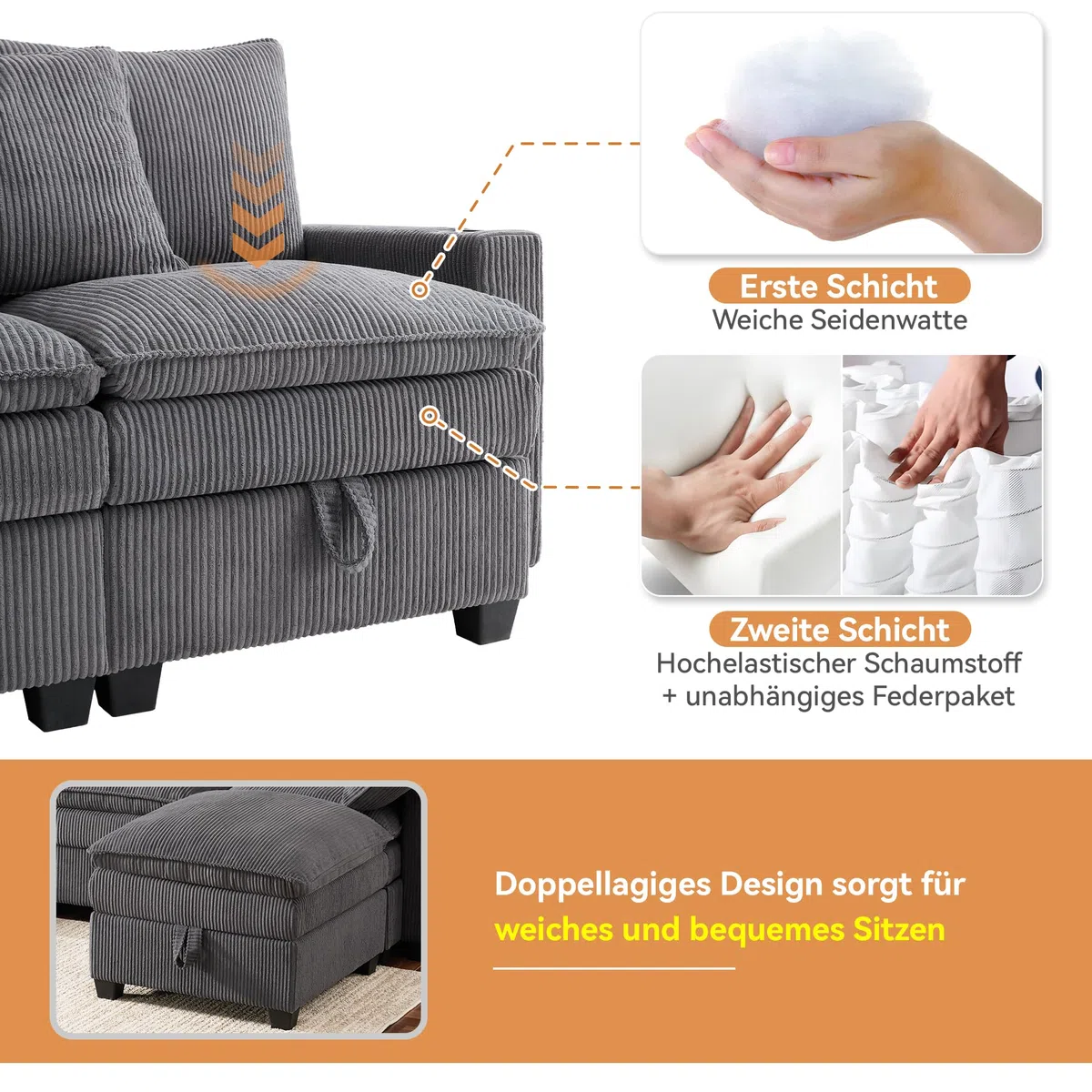 Idemon Sofá moderno en forma de L con funda de pana, reposapiés extraíble, puertos USB, compartimentos de almacenamiento y soportes para bebidas, sofá modular para salón, apartamento y espacios
