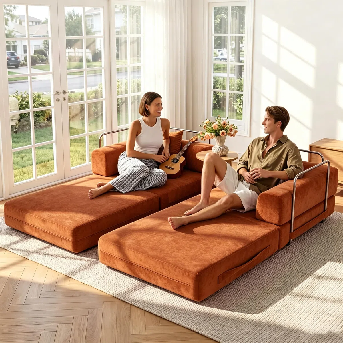Sofá Cama 200 cm, Sofá Modular Convertible de 3 Plazas con Tejido Chenilla Suave, Sofá Plegable sin Estructura Rígida, Funda Lavable, Estructura Metálica, Naranja