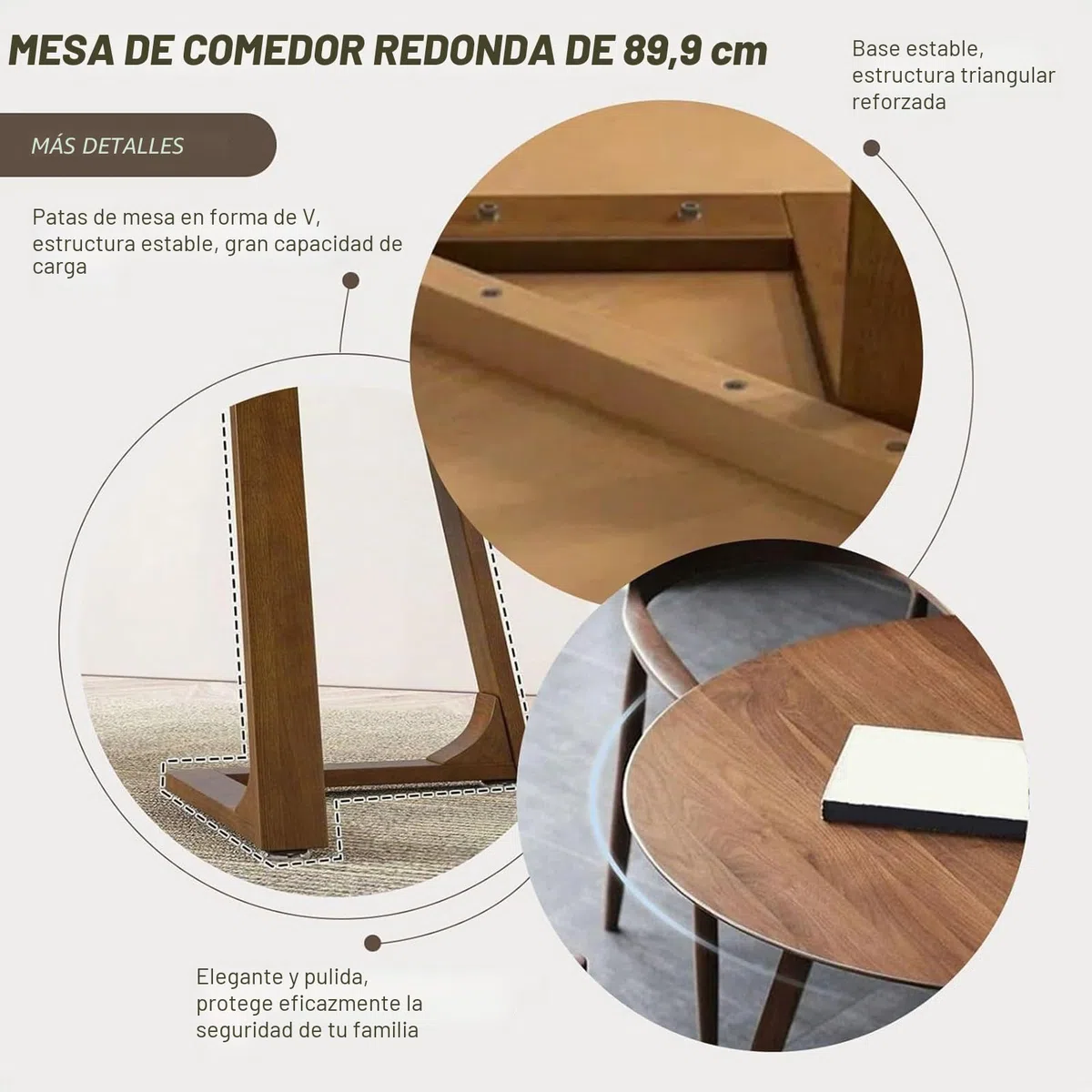 Mesa de comedor redonda de madera maciza para cuatro, mesa de comedor de estilo medieval con base, mesa de centro redonda para espacios pequeños, adecuada para comedor y sala de estar Walnut,90cm