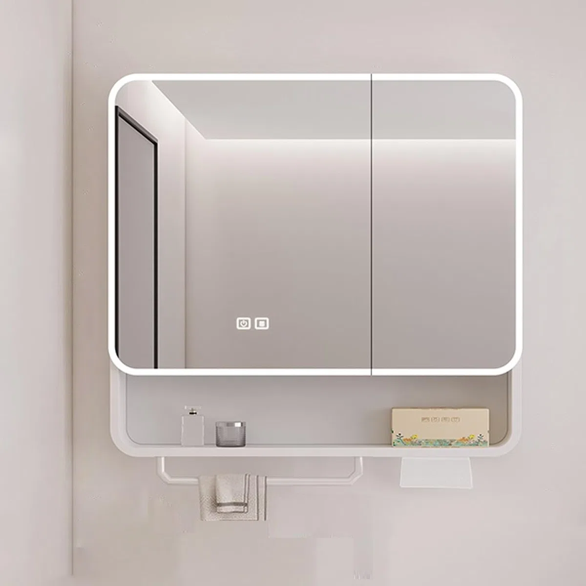 Armario con Espejo Antivaho de Maquillaje Inteligente,Armario Baño con Estantes de Almacenaje,Armario de Pared Rectangular Antivaho con barra de toalla,Interruptor Táctil,agujero de papel(60*13*75cm/2