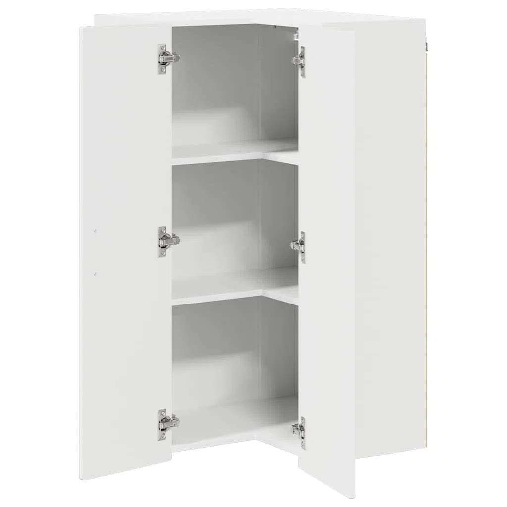 Armario esquinero de pared Porto blanco brillante de 57 x 57 x 100 cm con 3 estantes, 2 puertas, montaje en pared, espacio de almacenamiento para cocina, comedor, pasillo, despensa