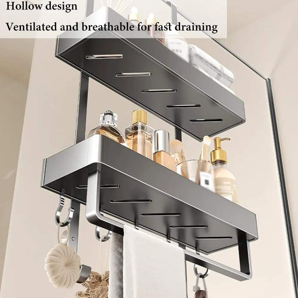 Organizador de ducha para puerta de baño, cesta de aluminio inoxidable con ganchos para un fácil almacenamiento