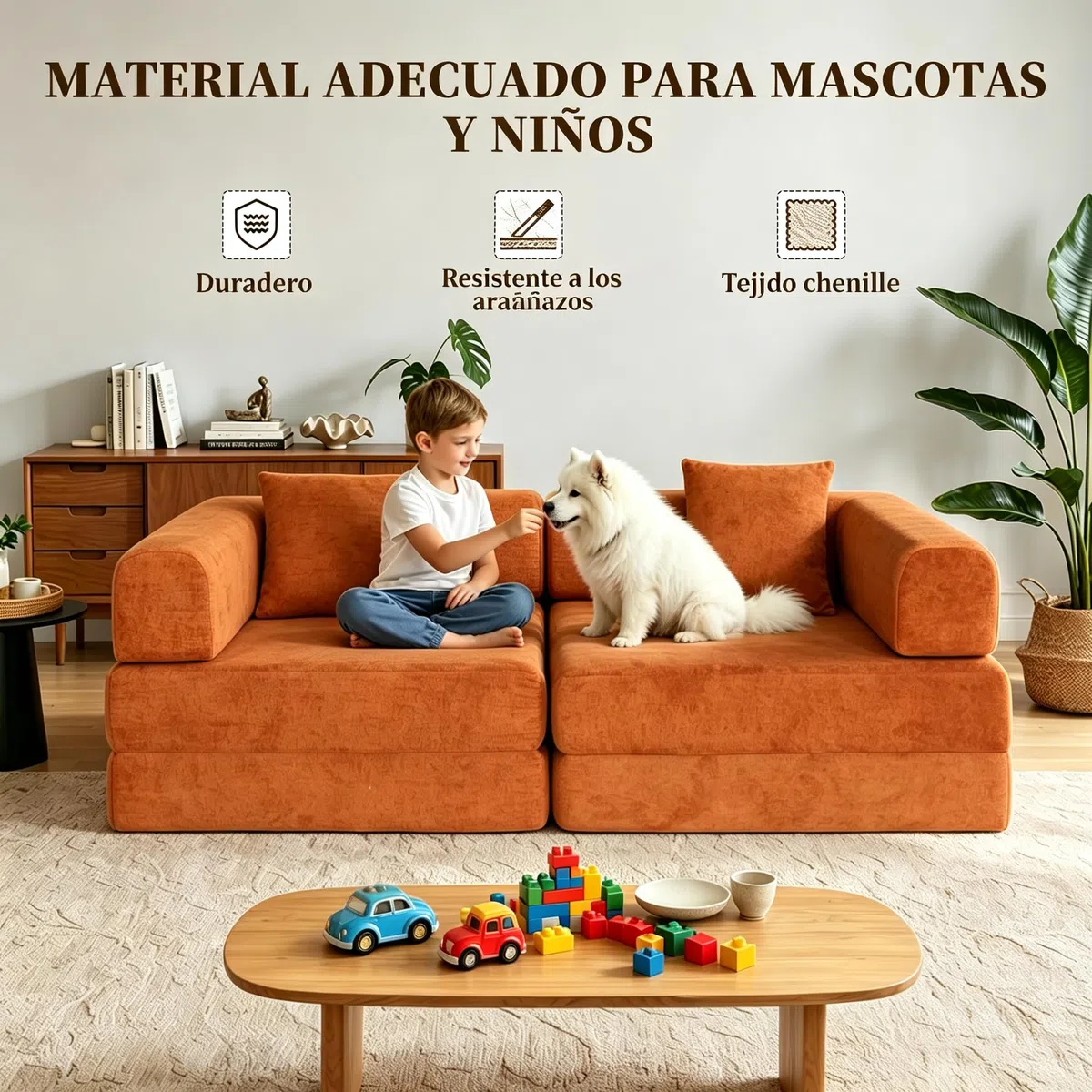Sofá Cama 200 cm, Sofá Modular Convertible de 3 Plazas con Tejido Chenilla Suave, Sofá Plegable sin Estructura Rígida, Funda Lavable, Estructura Metálica, Naranja