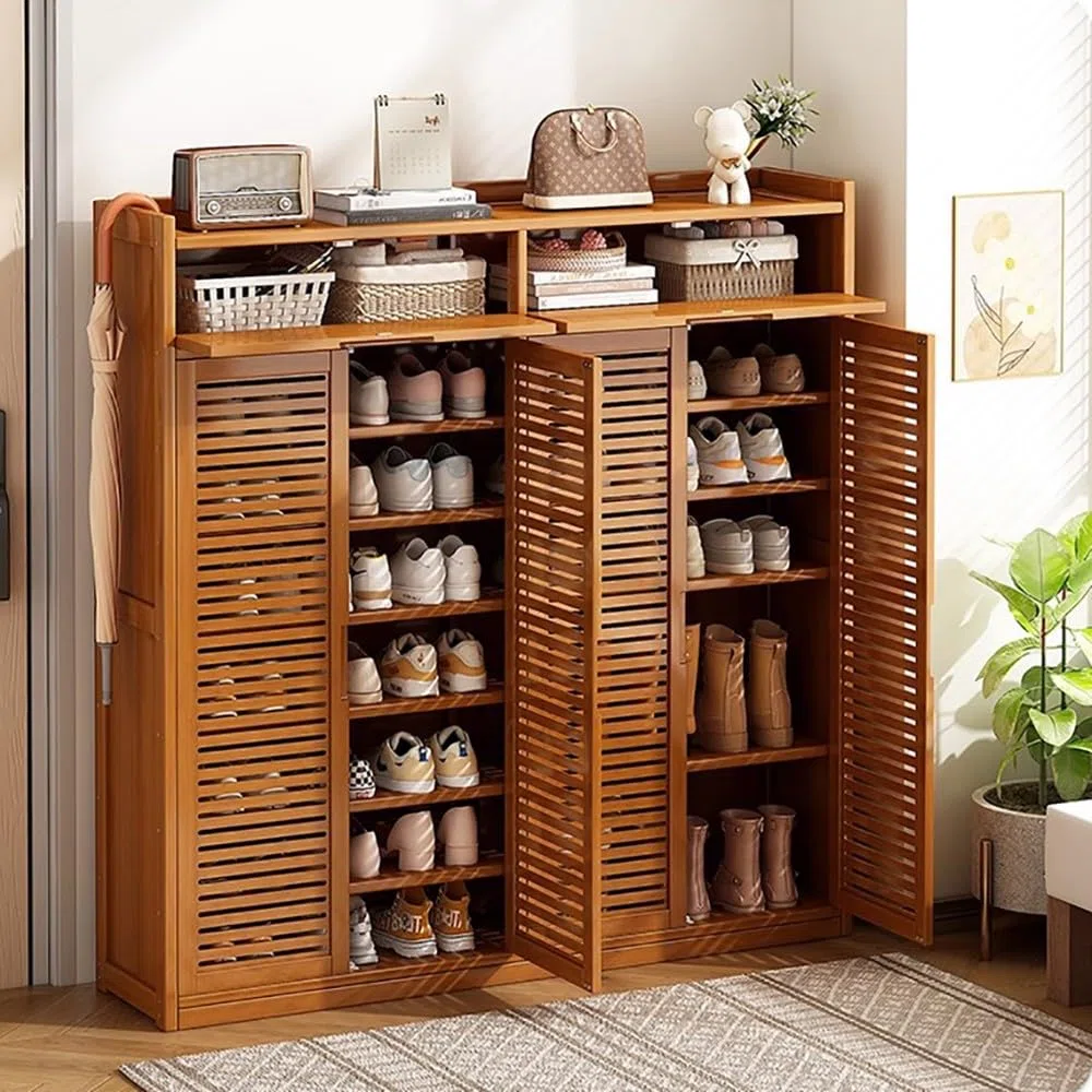 Armario Zapatero de Bambú con 8 Niveles, Mueble Zapatero Estrecho con 4 Puertas, Organizador de Calzado Independiente, Mueble Zapatero para Pasillo Estrecho