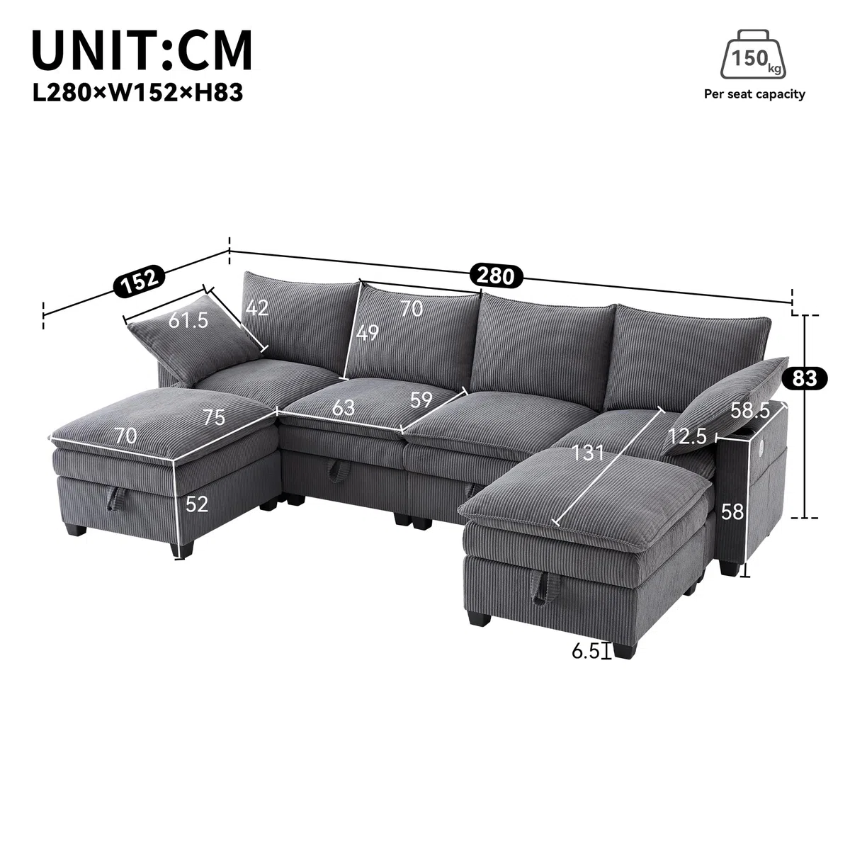 Idemon Sofá moderno en forma de L con funda de pana, reposapiés extraíble, puertos USB, compartimentos de almacenamiento y soportes para bebidas, sofá modular para salón, apartamento y espacios