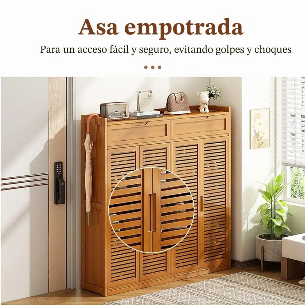 Armario Zapatero de Bambú con 8 Niveles, Mueble Zapatero Estrecho con 4 Puertas, Organizador de Calzado Independiente, Mueble Zapatero para Pasillo Estrecho