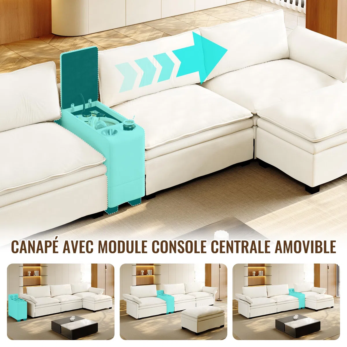 Sofá modular de 315 cm con carga inalámbrica, altavoces, sofá esquinero en forma de L de 4 plazas con almacenamiento, iluminación y 2 portavasos, sofá en la nube con pufs, sofás de chenilla