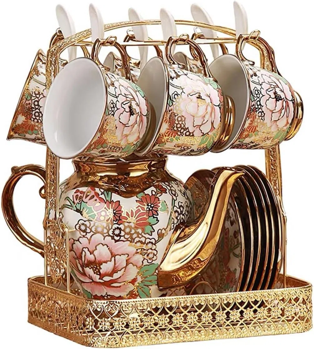 Juego de té de cerámica europea de 14 piezas, juego de té de porcelana, con soporte de metal, juego de té de flores, pintura de rosas rojas