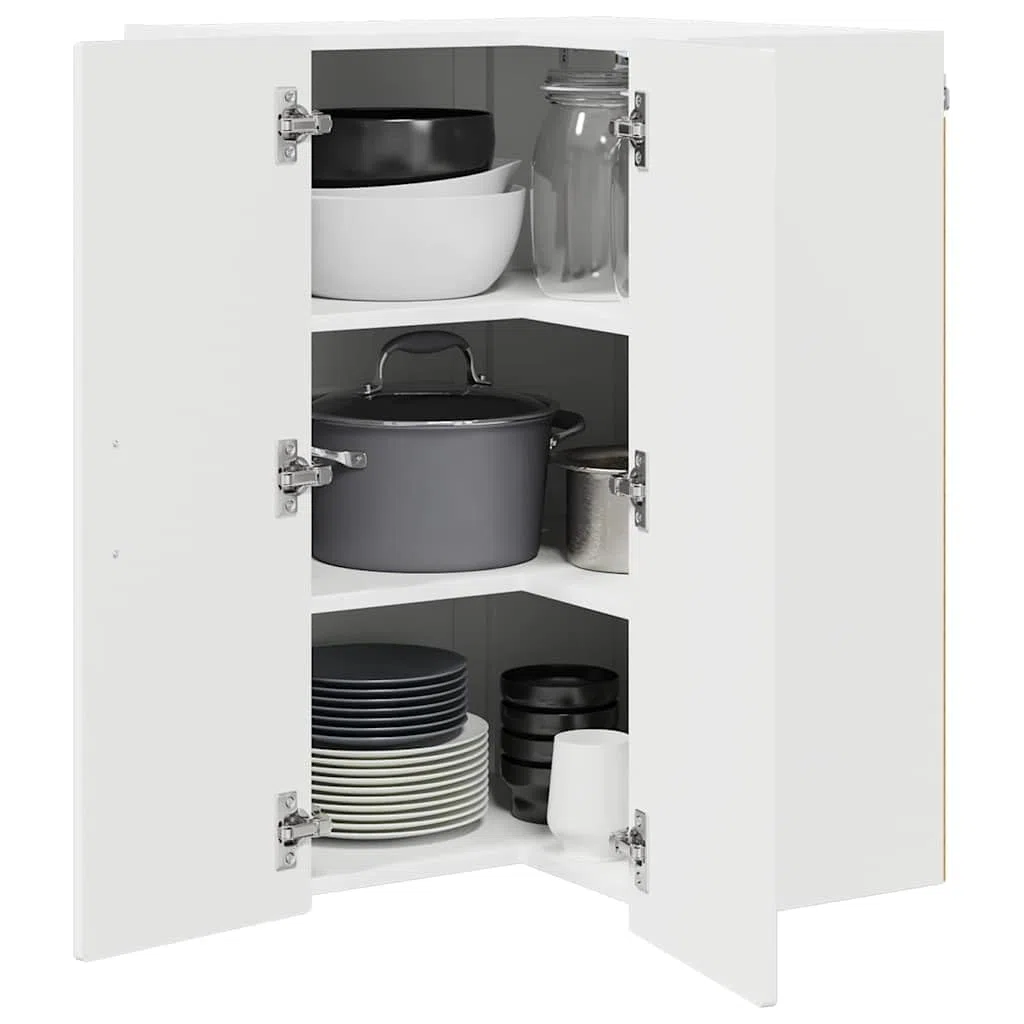 Armario esquinero de pared Porto blanco brillante 57 x 57 x 80 cm con 3 estantes, soporte de pared, espacio de almacenamiento para cocina, comedor, despensa, moderna solución de