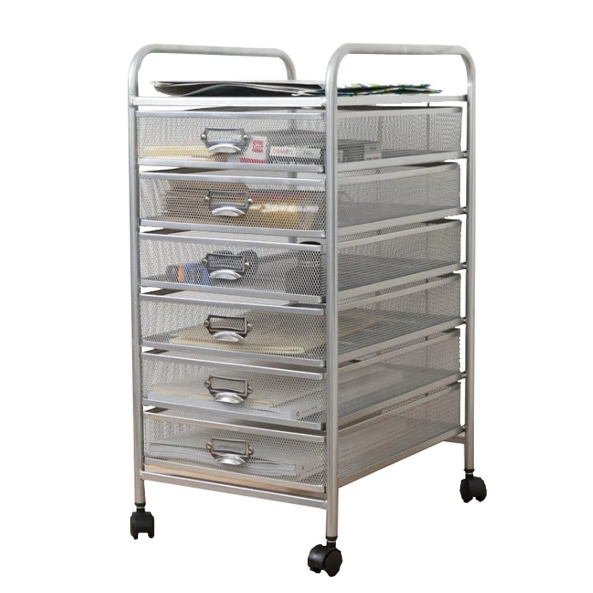 Carrito de Almacenamiento con Ruedas de Metal for Oficina y hogar, Organizador de 6 Niveles con 6 cajones y Ruedas bloqueables, Color Plateado(29x38x61cm (11.4"x15"x24"))