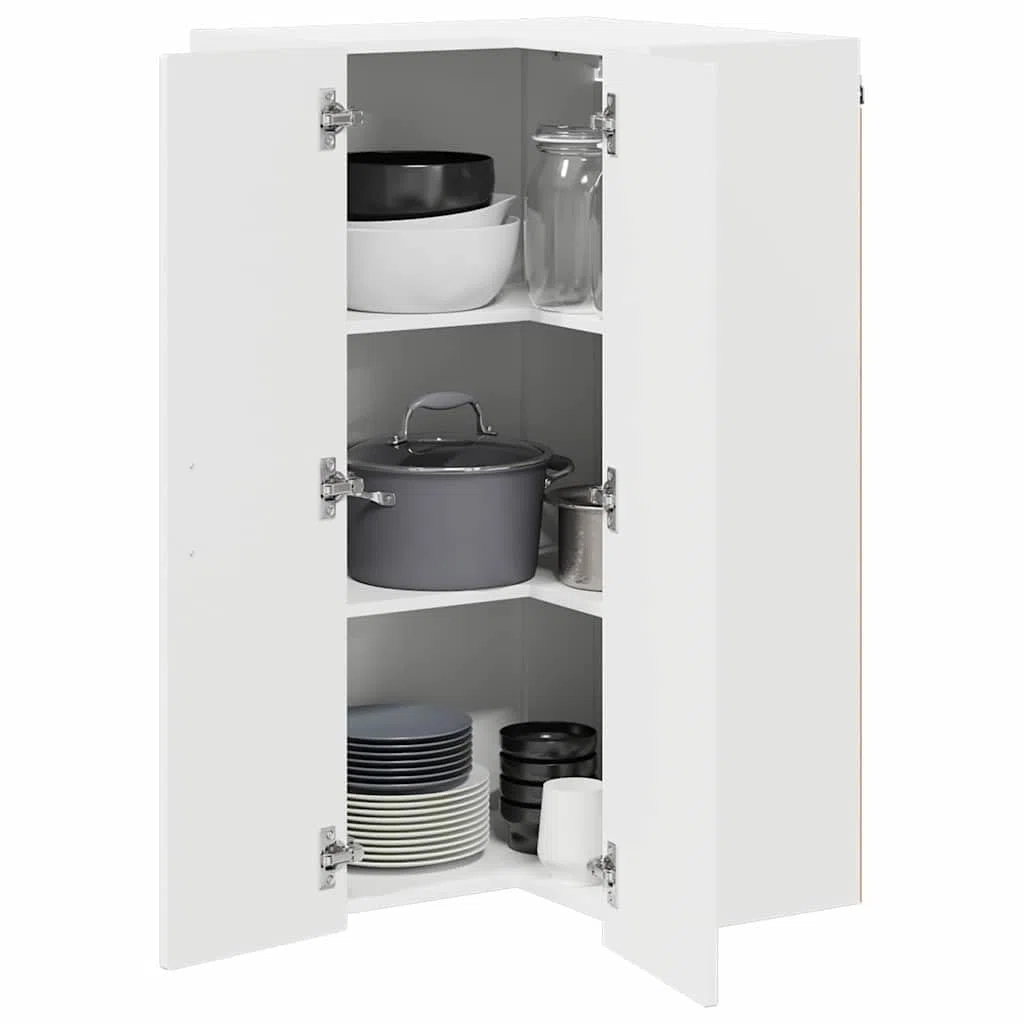 Armario esquinero de pared Porto blanco brillante de 57 x 57 x 100 cm con 3 estantes, 2 puertas, montaje en pared, espacio de almacenamiento para cocina, comedor, pasillo, despensa