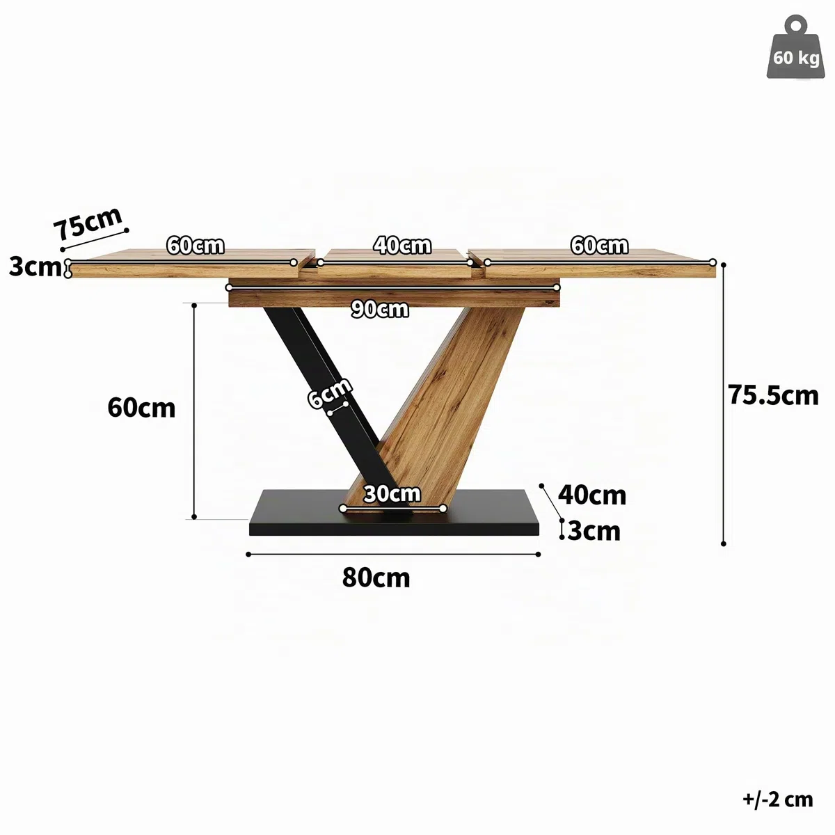 Mesa de Comedor Extensible de 120 (160) x 75 x 75,5 cm, Mesa, Mesa de Cocina, Mesa Extensible, se extiende hasta 160 cm, Adecuada para Cocina y salón