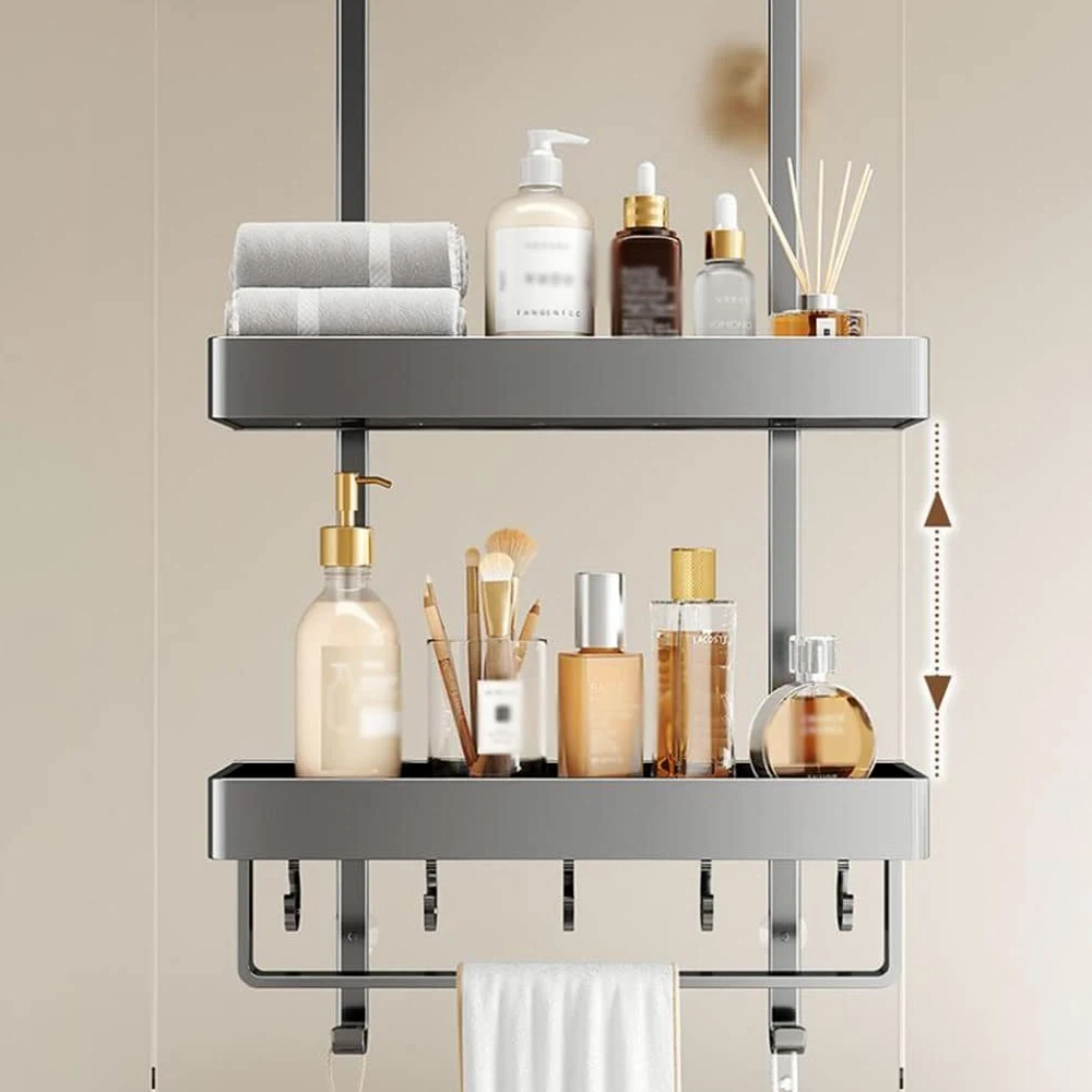 Organizador de ducha para puerta de baño, cesta de aluminio inoxidable con ganchos para un fácil almacenamiento
