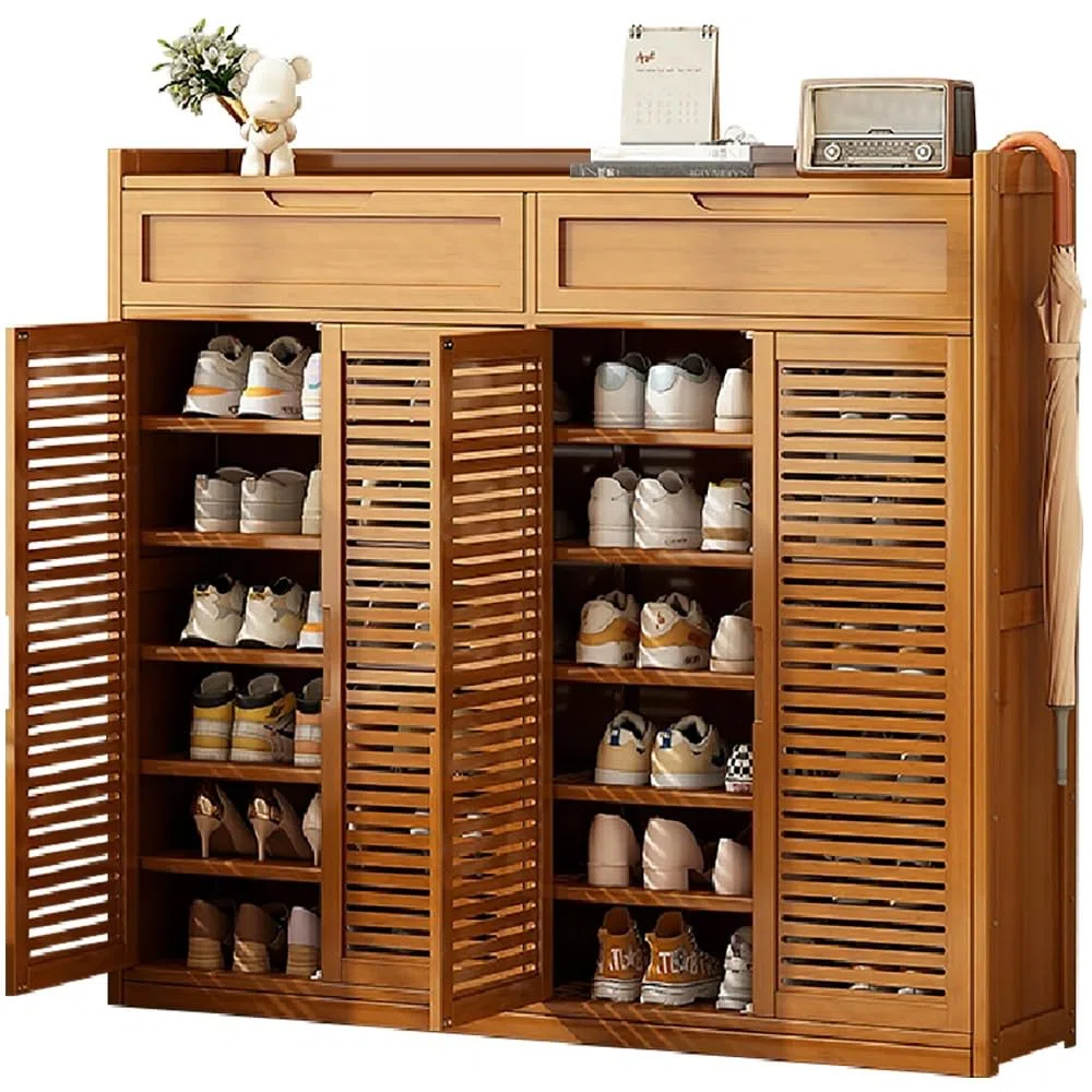Armario Zapatero de Bambú con 8 Niveles, Mueble Zapatero Estrecho con 4 Puertas, Organizador de Calzado Independiente, Mueble Zapatero para Pasillo Estrecho