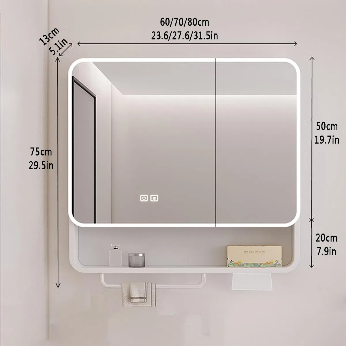 Armario con Espejo Antivaho de Maquillaje Inteligente,Armario Baño con Estantes de Almacenaje,Armario de Pared Rectangular Antivaho con barra de toalla,Interruptor Táctil,agujero de papel(60*13*75cm/2