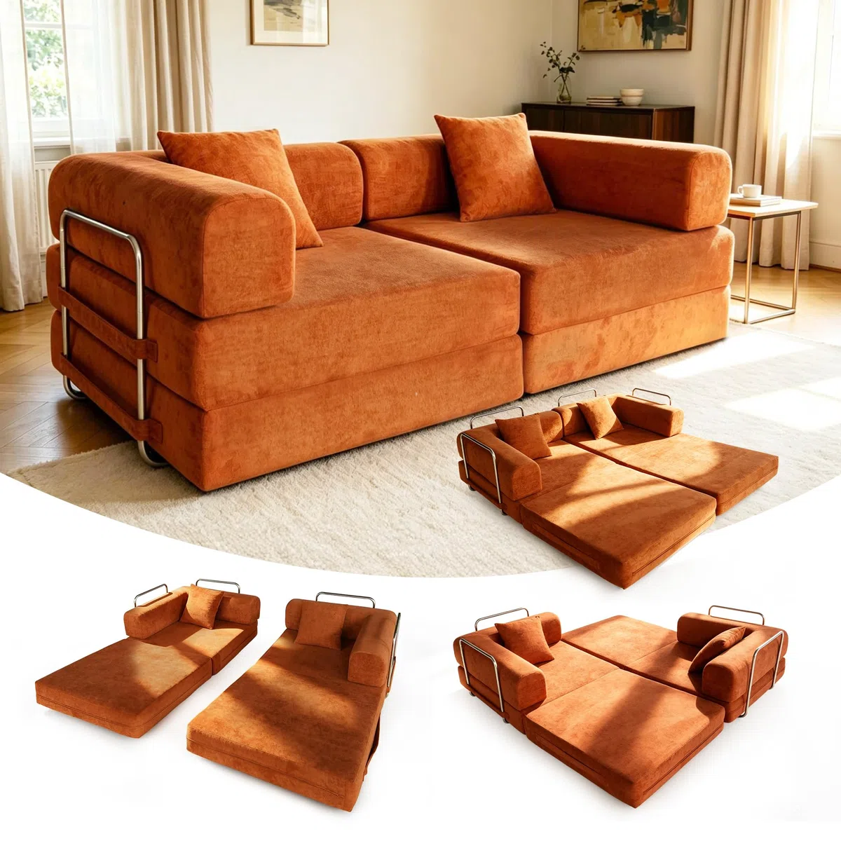 Sofá Cama 200 cm, Sofá Modular Convertible de 3 Plazas con Tejido Chenilla Suave, Sofá Plegable sin Estructura Rígida, Funda Lavable, Estructura Metálica, Naranja