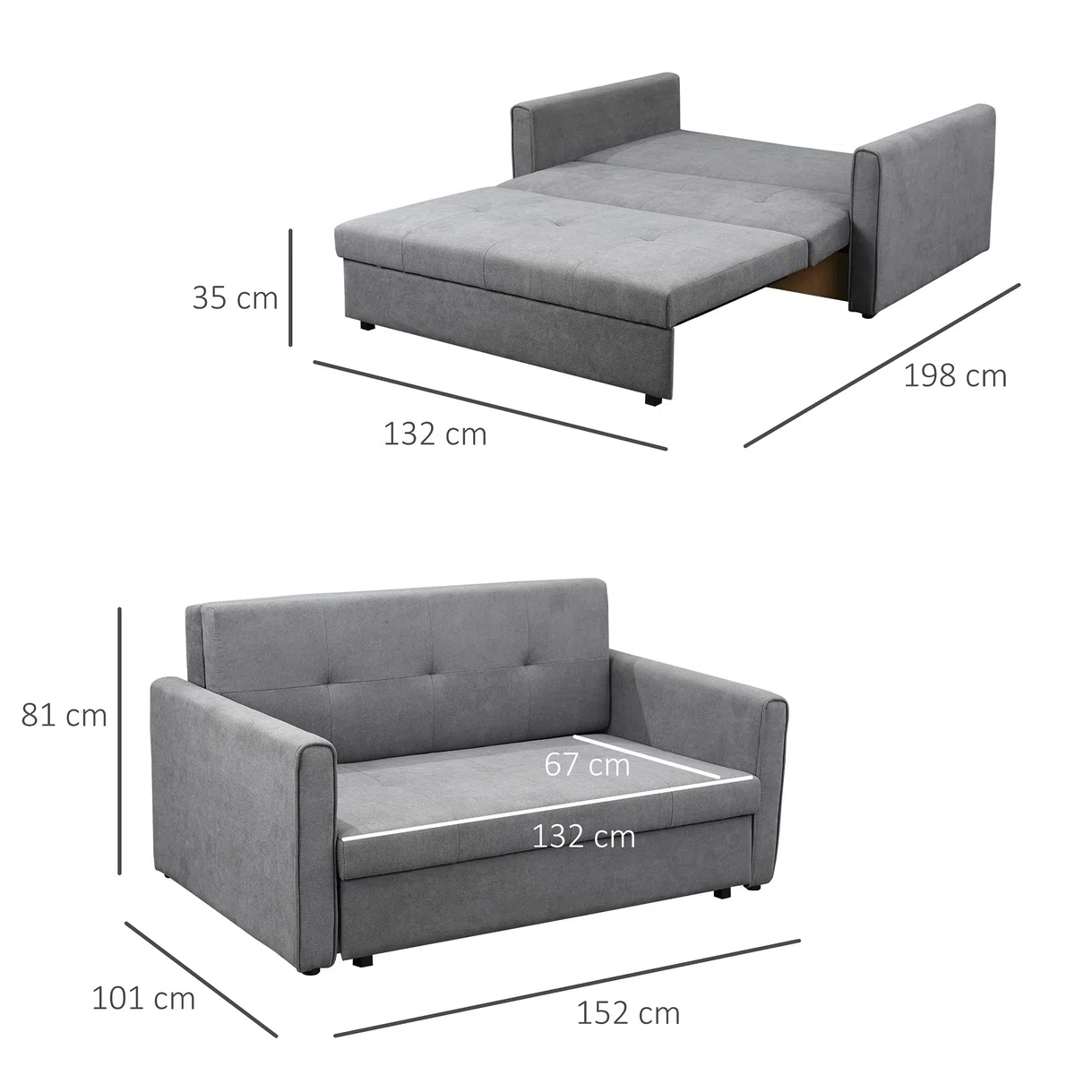 HOMCOM Sofá Cama de 2 Plazas con Almacenamient 152x101x81 cm Gris