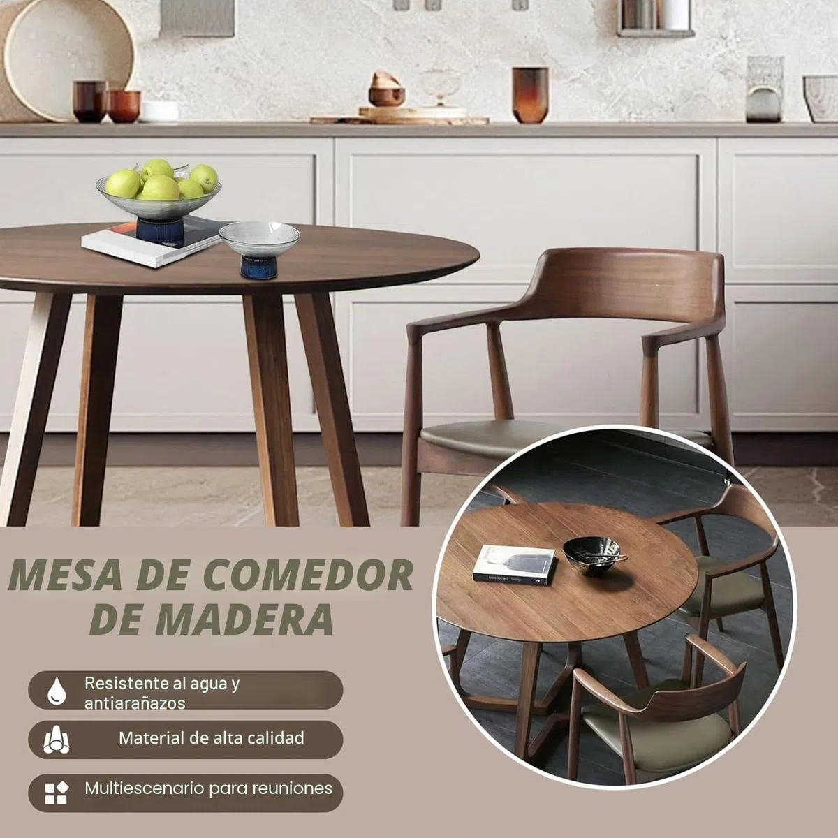 Mesa de comedor redonda de madera maciza para cuatro, mesa de comedor de estilo medieval con base, mesa de centro redonda para espacios pequeños, adecuada para comedor y sala de estar Walnut,90cm