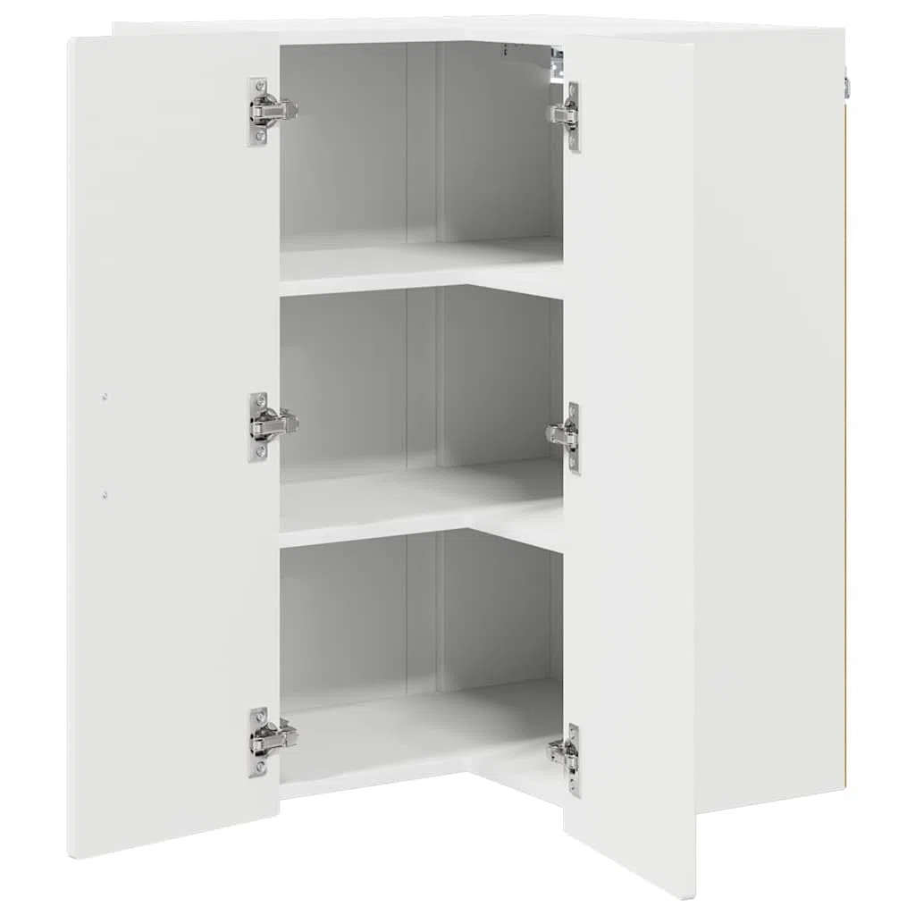 Armario esquinero de pared Porto blanco brillante 57 x 57 x 80 cm con 3 estantes, soporte de pared, espacio de almacenamiento para cocina, comedor, despensa, moderna solución de