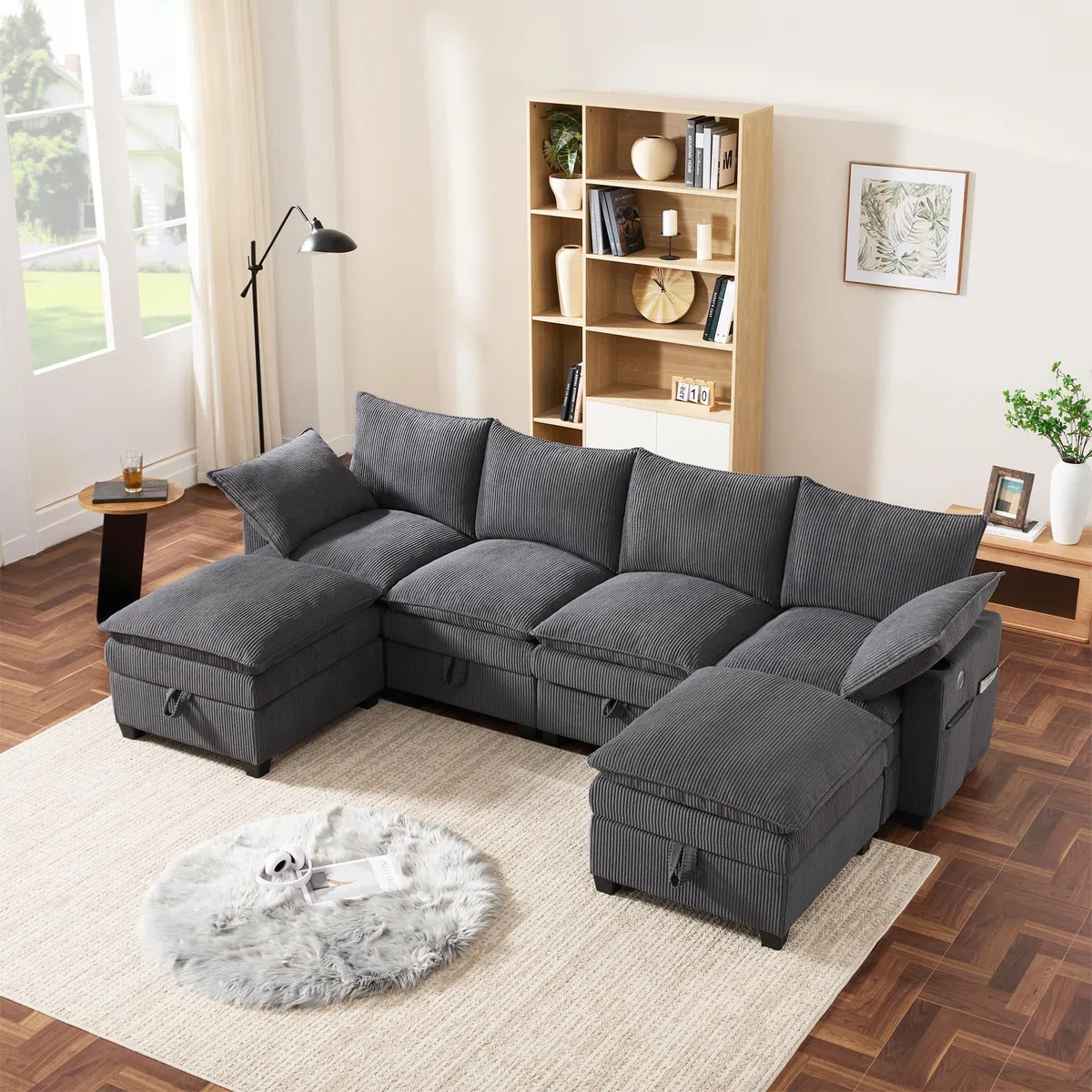 Idemon Sofá moderno en forma de L con funda de pana, reposapiés extraíble, puertos USB, compartimentos de almacenamiento y soportes para bebidas, sofá modular para salón, apartamento y espacios