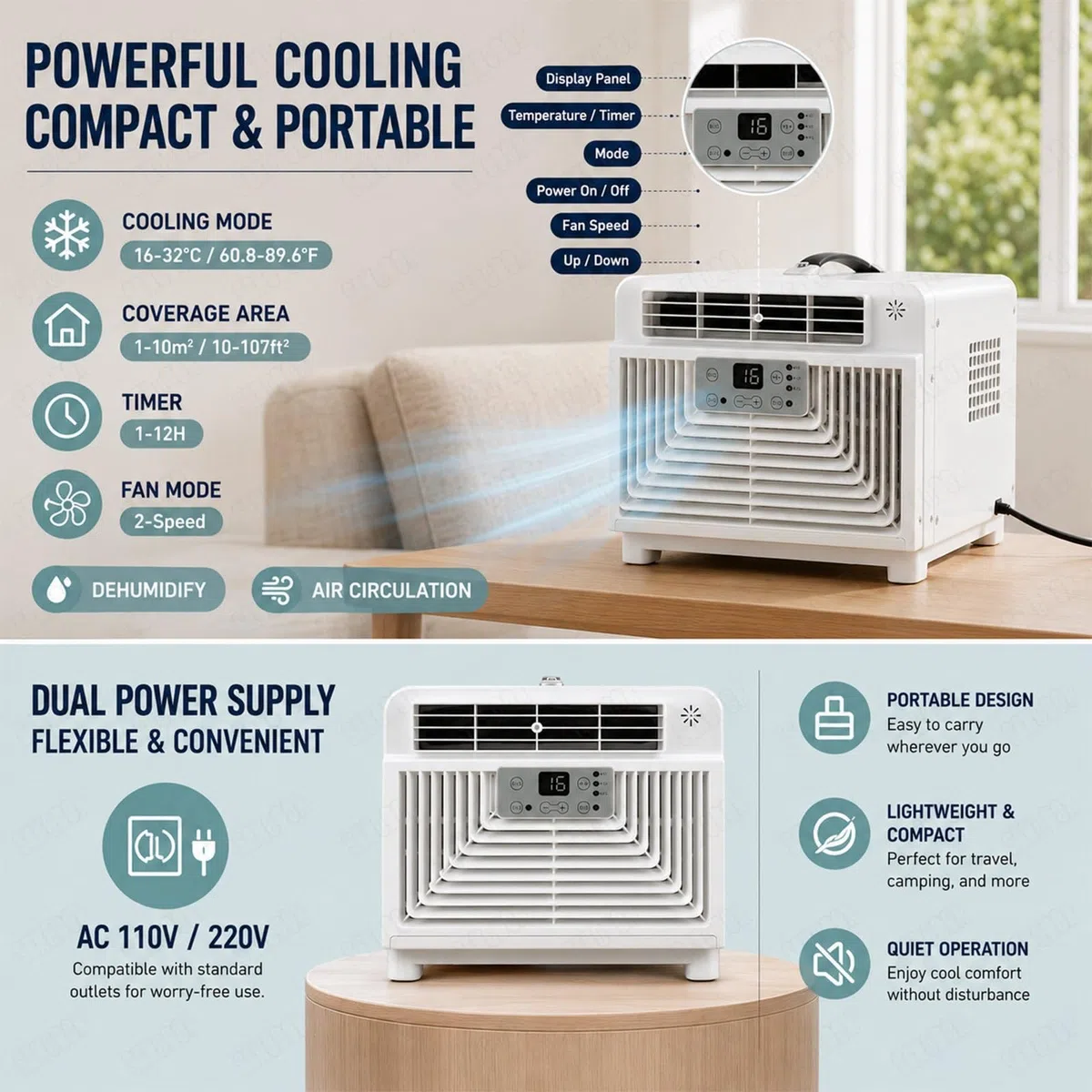 Climatizador Portátil Compacto para Camping (28x46x13 cm) – Aire Acondicionado 3400 BTU Sin Drenaje, Bajo Consumo 300W, con Asa Ergonómica, Mando y Temporizador para Tienda y Furgoneta
