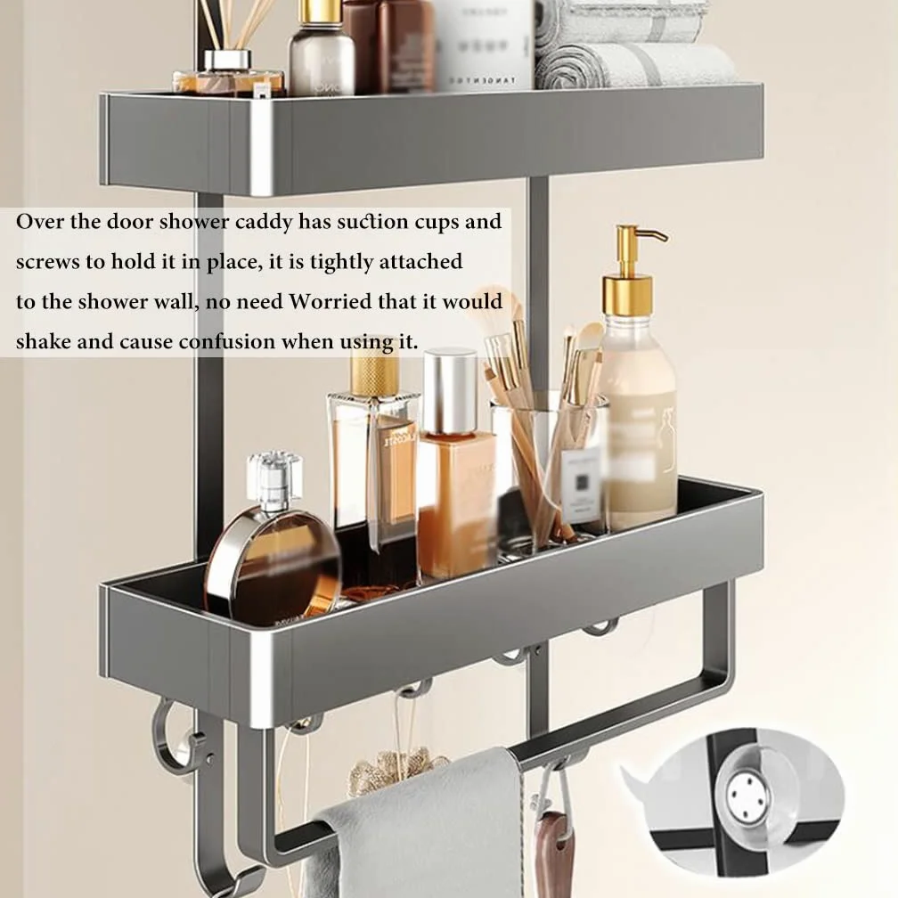Organizador de ducha para puerta de baño, cesta de aluminio inoxidable con ganchos para un fácil almacenamiento