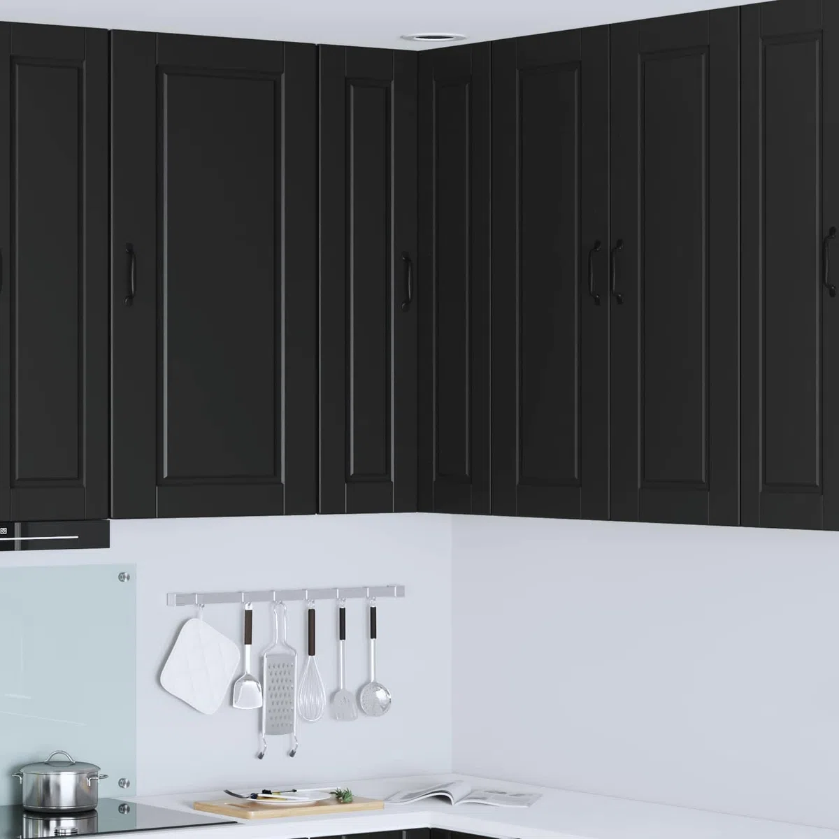 Armario esquinero de pared Porto negro de madera 57 x 57 x 100 cm con 2 puertas y 3 estantes como armario de cocina para almacenamiento y almacenamiento eficiente