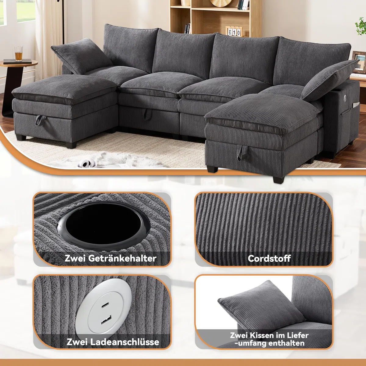Idemon Sofá moderno en forma de L con funda de pana, reposapiés extraíble, puertos USB, compartimentos de almacenamiento y soportes para bebidas, sofá modular para salón, apartamento y espacios