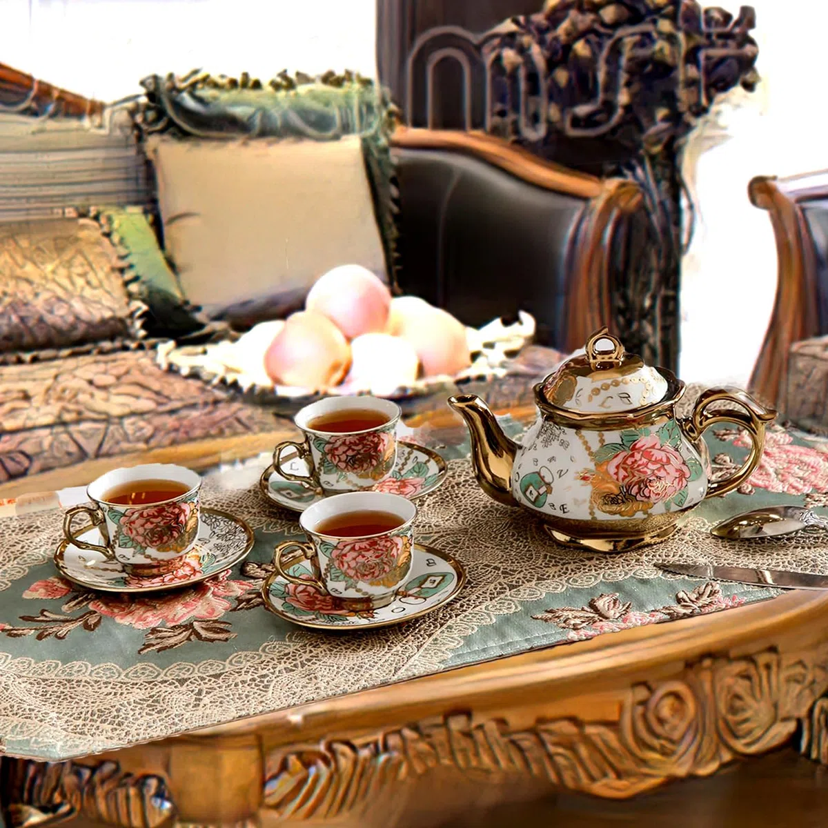 Juego de té de cerámica europea de 14 piezas, juego de té de porcelana, con soporte de metal, juego de té de flores, pintura de rosas rojas