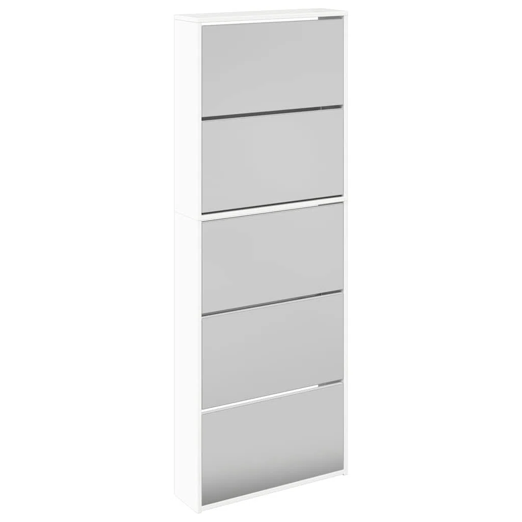 Zapatero con espejo con 5 compartimentos plegables, color blanco brillante para 15-20 pares de zapatos, volquete estrecho de madera para pasillo y entrada, 63 x 17 x 169,5 cm