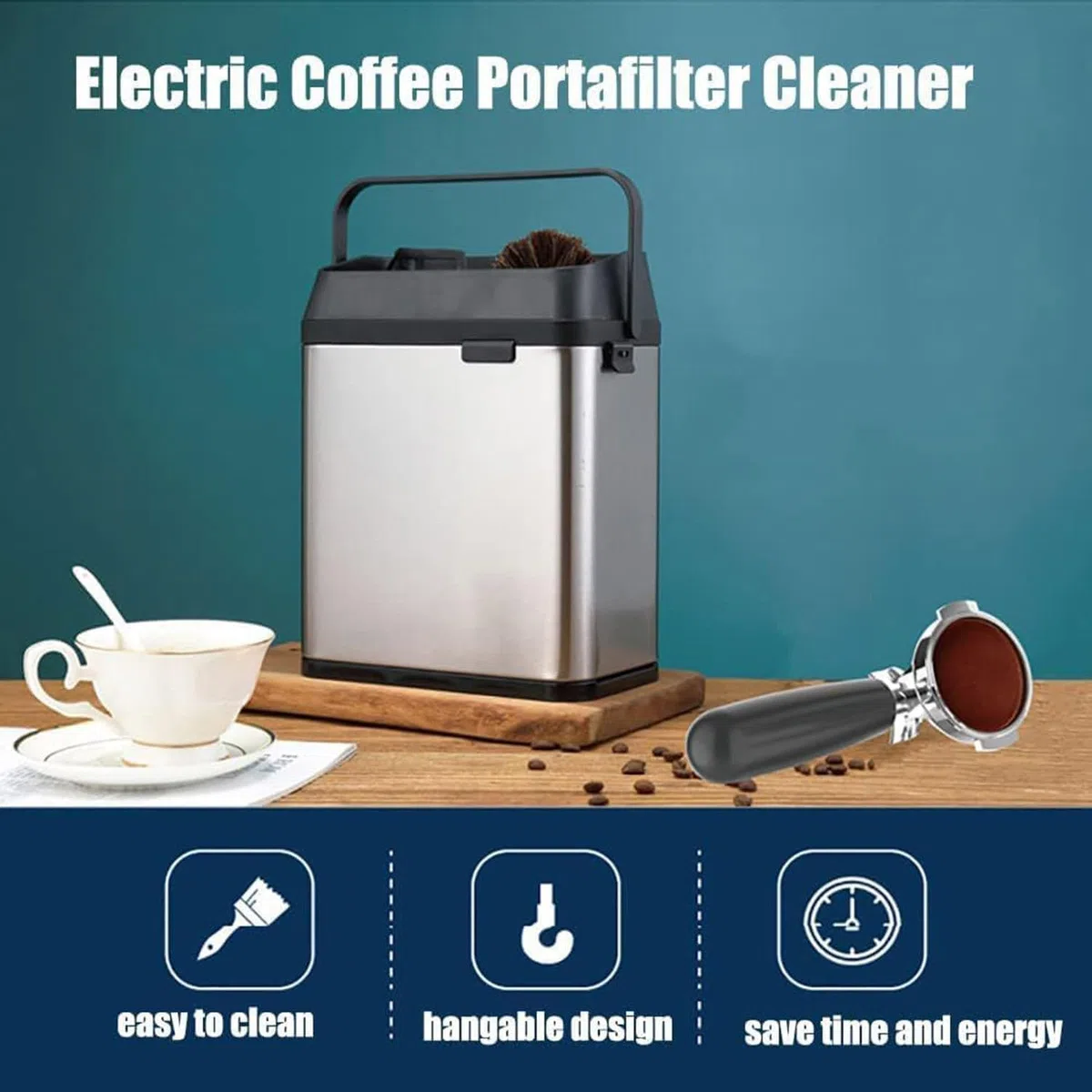 Máquina de limpieza automática de portafiltro, limpiador eléctrico de portafiltros de 150 W con 2 raspadores y 1 cepillo, herramienta de limpieza de café desmontable