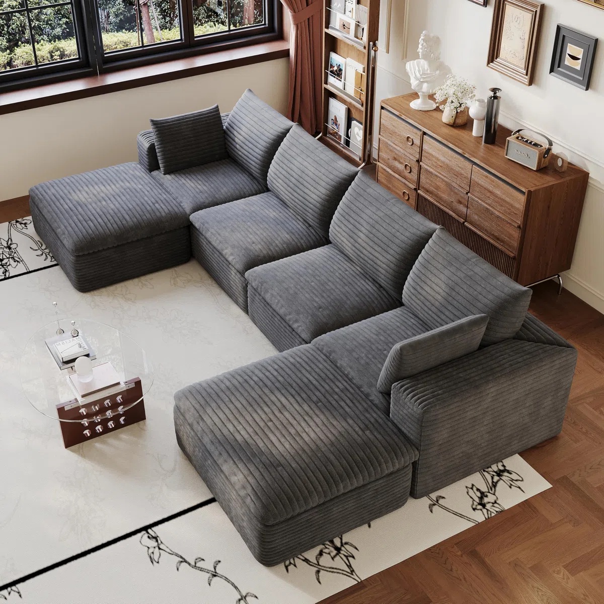 Sofá modular en la nube de pana suave, sofá sin boneless, sofá esquinero con función de dormir, acolchado extraíble, sin montaje, para salón, dormitorio y apartamento, gris oscuro