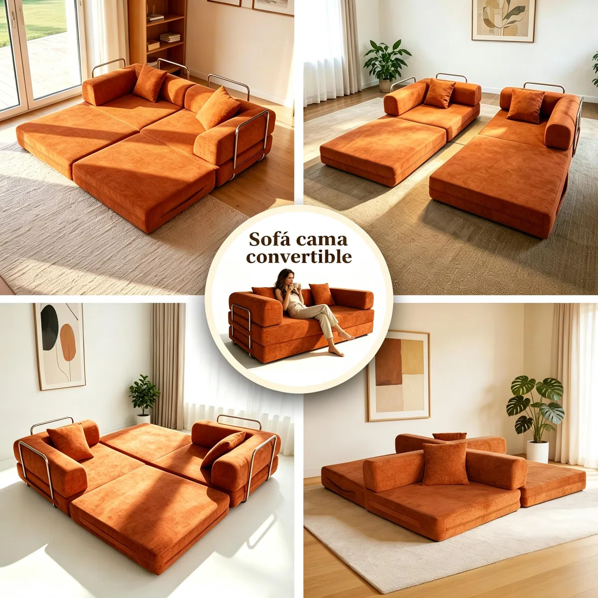 Sofá Cama 200 cm, Sofá Modular Convertible de 3 Plazas con Tejido Chenilla Suave, Sofá Plegable sin Estructura Rígida, Funda Lavable, Estructura Metálica, Naranja