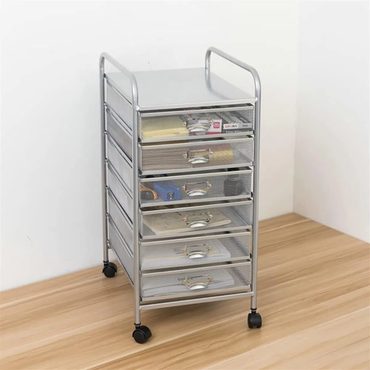 Carrito de Almacenamiento con Ruedas de Metal for Oficina y hogar, Organizador de 6 Niveles con 6 cajones y Ruedas bloqueables, Color Plateado(29x38x61cm (11.4"x15"x24"))