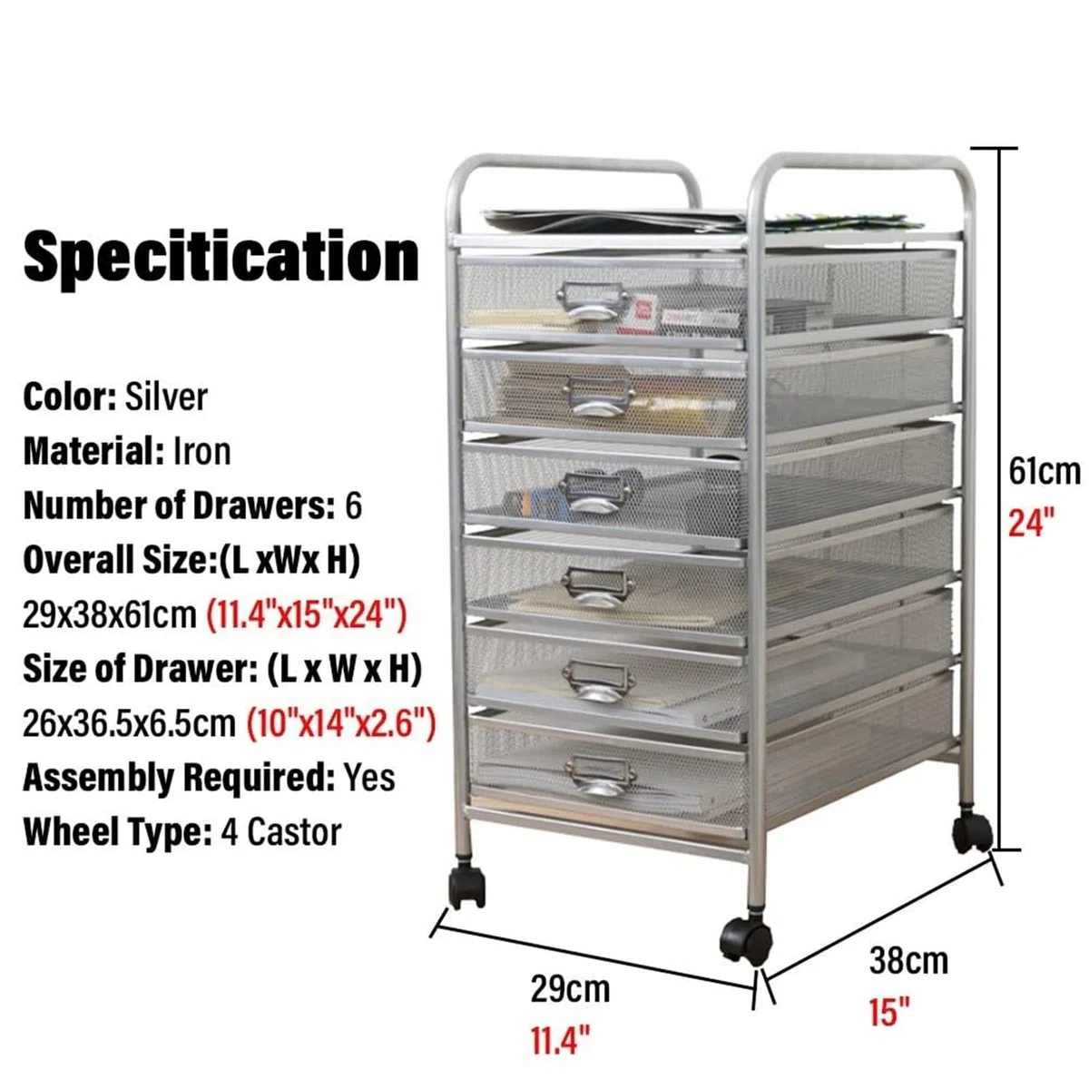 Carrito de Almacenamiento con Ruedas de Metal for Oficina y hogar, Organizador de 6 Niveles con 6 cajones y Ruedas bloqueables, Color Plateado(29x38x61cm (11.4"x15"x24"))