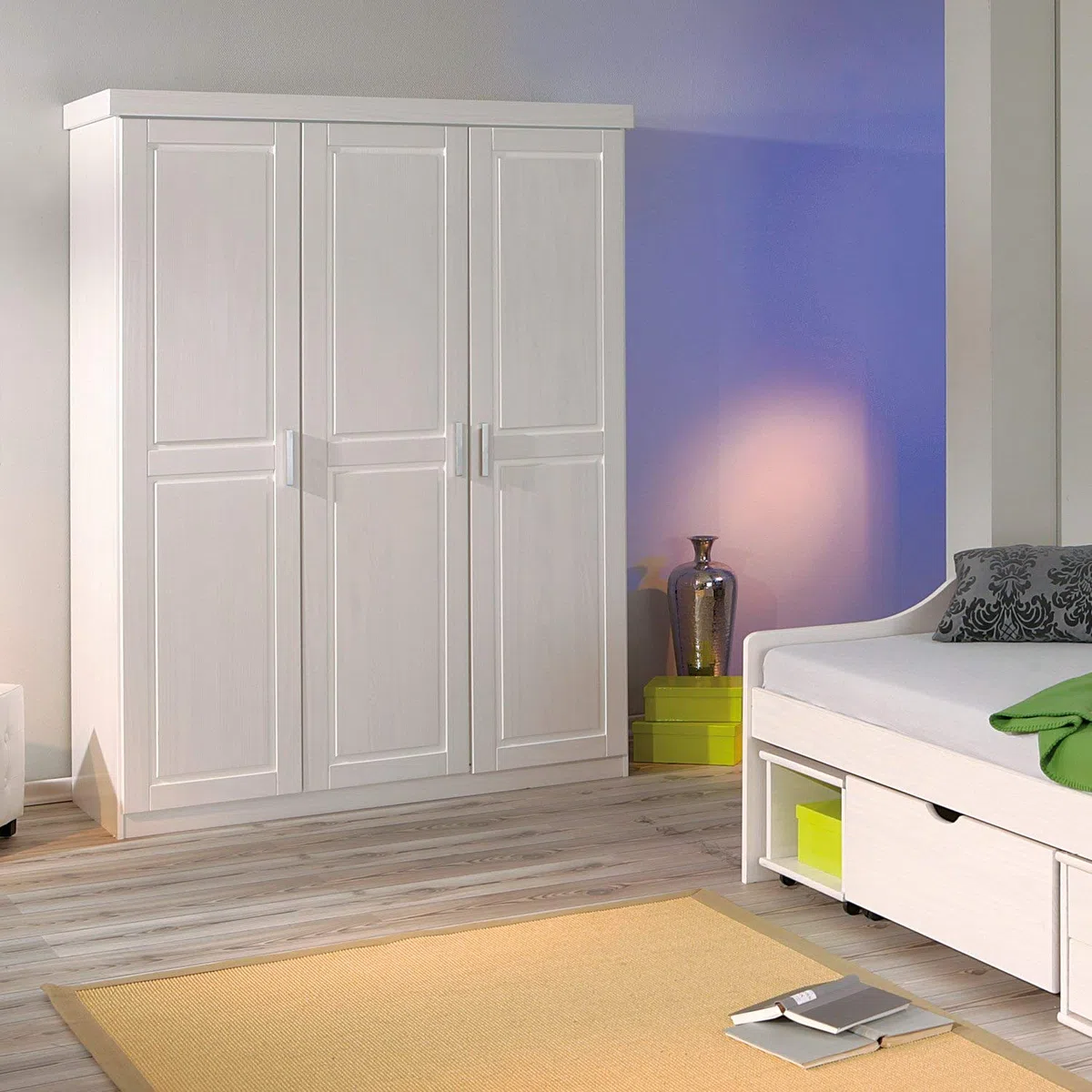 Inter Link Wardrobe floorboard More Sustainable Solid Wood White Lacquered 140 x 190 x 55 cm, 3 puertas, Blanco
