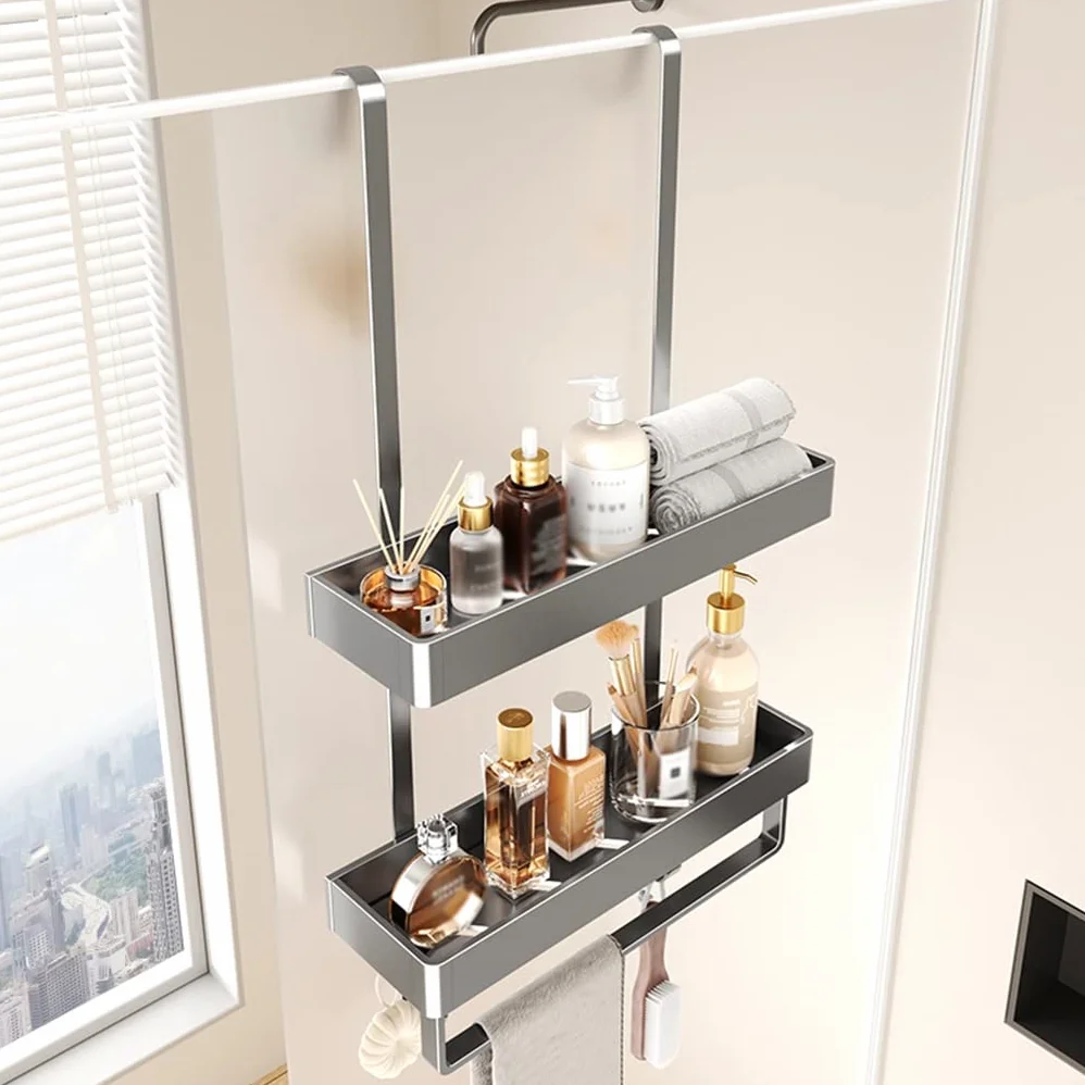 Organizador de ducha para puerta de baño, cesta de aluminio inoxidable con ganchos para un fácil almacenamiento