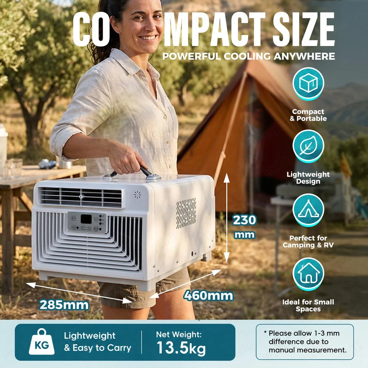 Climatizador Portátil Compacto para Camping (28x46x13 cm) – Aire Acondicionado 3400 BTU Sin Drenaje, Bajo Consumo 300W, con Asa Ergonómica, Mando y Temporizador para Tienda y Furgoneta