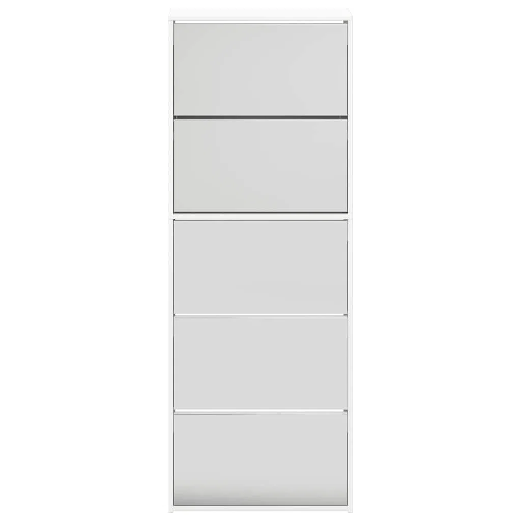 Zapatero con espejo con 5 compartimentos plegables, color blanco brillante para 15-20 pares de zapatos, volquete estrecho de madera para pasillo y entrada, 63 x 17 x 169,5 cm