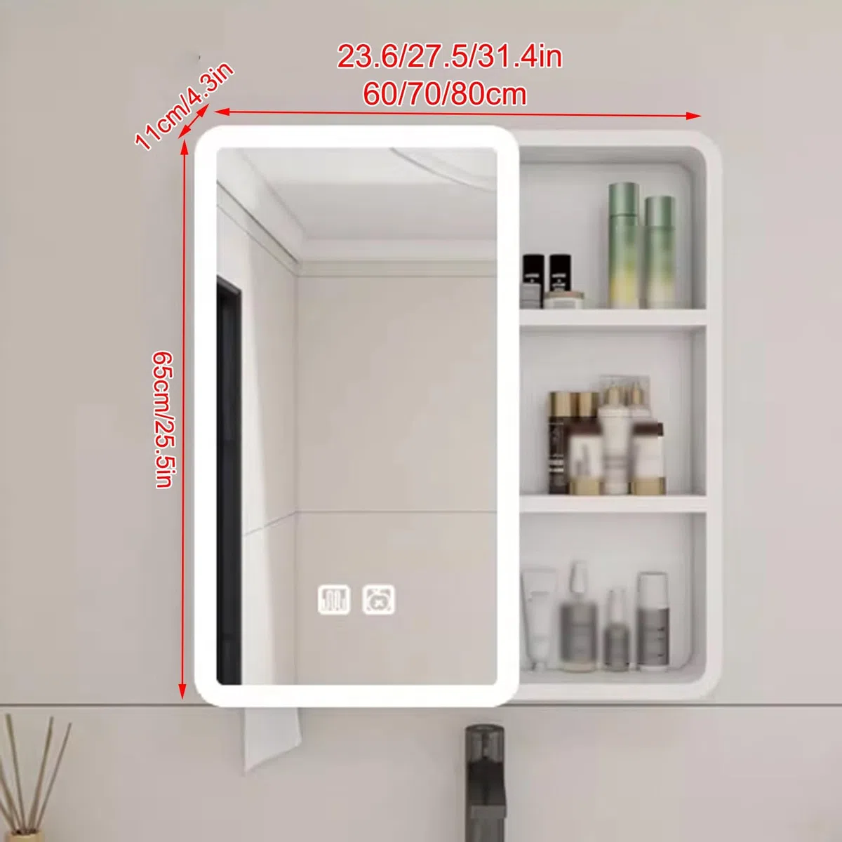 Armario de pared con espejo de baño con iluminación LED e interruptor táctil antivaho, acabado café, 70 cm, elegante solución de almacenamiento para baños modernos