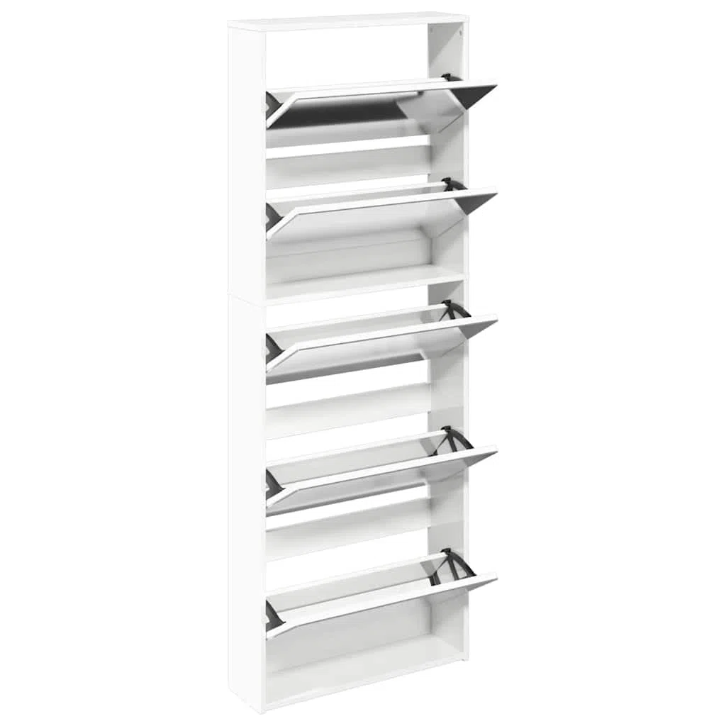 Zapatero con espejo con 5 compartimentos plegables, color blanco brillante para 15-20 pares de zapatos, volquete estrecho de madera para pasillo y entrada, 63 x 17 x 169,5 cm