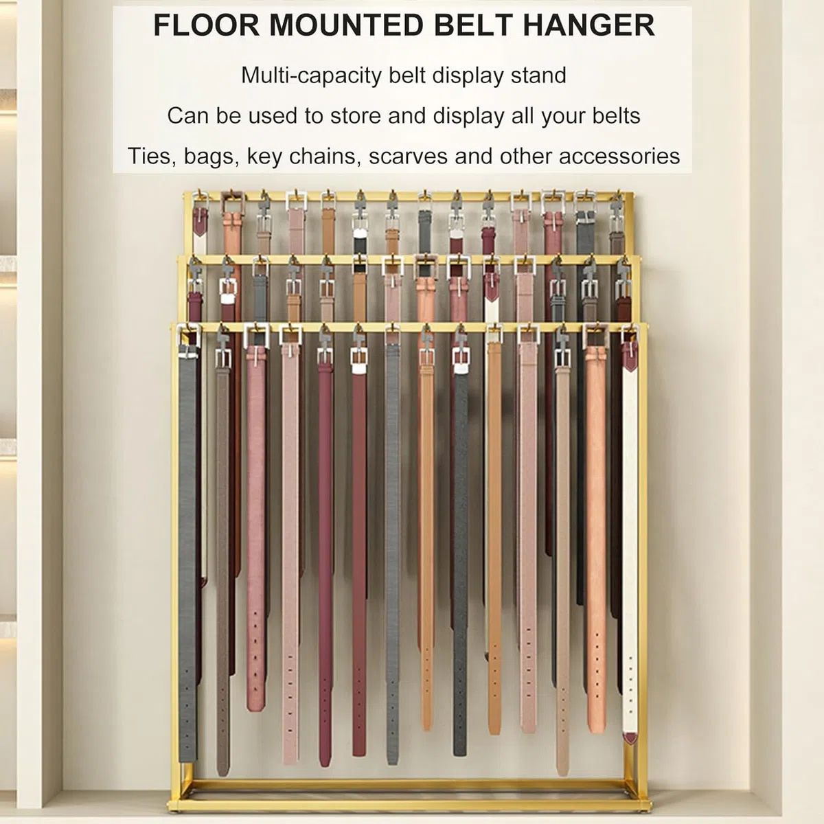 Percha de cinturón montada en el suelo, soporte de exhibición de bufandas, corbatas de doble cara, chales, estante para bolsos, percha de metal para venta minorista, organizador de armario para homb