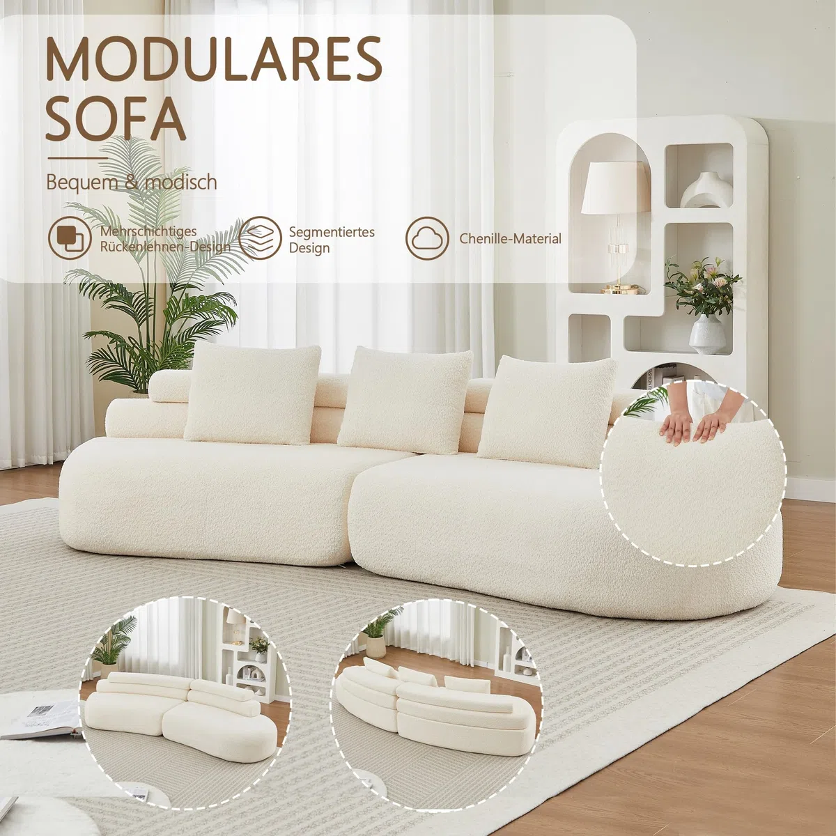 Bladez Sofá modular de 4 plazas, chenilla, curvado, color beige