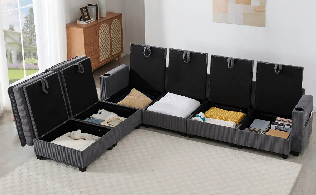 Idemon Sofá moderno en forma de L con funda de pana, reposapiés extraíble, puertos USB, compartimentos de almacenamiento y soportes para bebidas, sofá modular para salón, apartamento y espacios