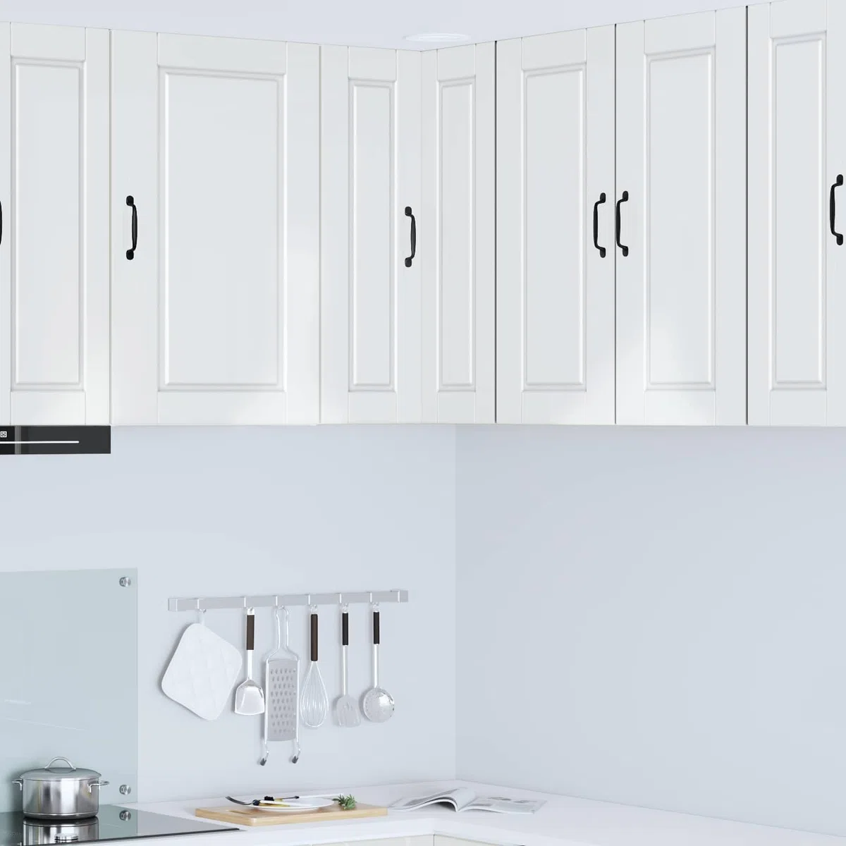 Armario esquinero de pared Porto blanco brillante 57 x 57 x 80 cm con 3 estantes, soporte de pared, espacio de almacenamiento para cocina, comedor, despensa, moderna solución de