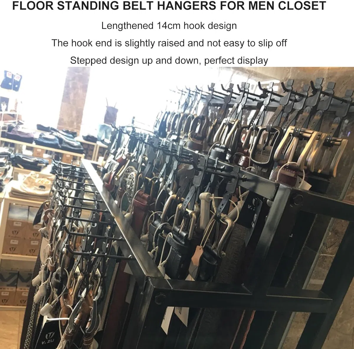 Percha de cinturón montada en el suelo, soporte de exhibición de bufandas, corbatas de doble cara, chales, estante para bolsos, percha de metal para venta minorista, organizador de armario para homb
