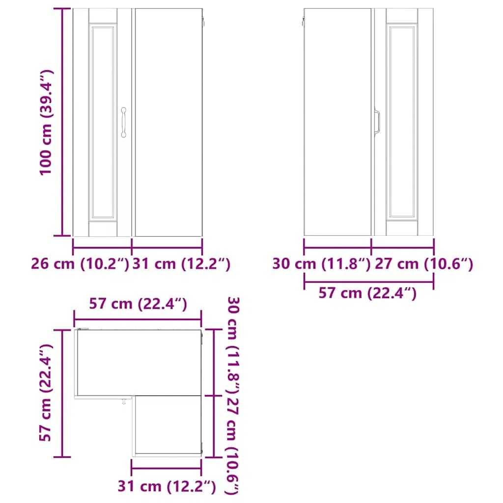 Armario esquinero de pared Porto blanco brillante de 57 x 57 x 100 cm con 3 estantes, 2 puertas, montaje en pared, espacio de almacenamiento para cocina, comedor, pasillo, despensa
