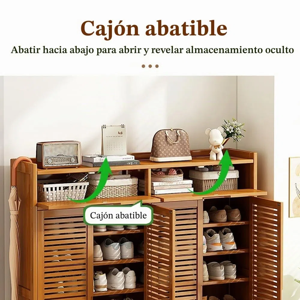 Armario Zapatero de Bambú con 8 Niveles, Mueble Zapatero Estrecho con 4 Puertas, Organizador de Calzado Independiente, Mueble Zapatero para Pasillo Estrecho