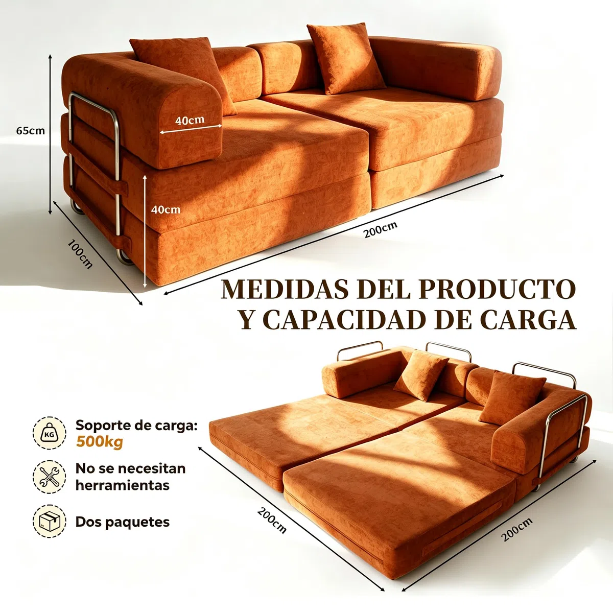Sofá Cama 200 cm, Sofá Modular Convertible de 3 Plazas con Tejido Chenilla Suave, Sofá Plegable sin Estructura Rígida, Funda Lavable, Estructura Metálica, Naranja